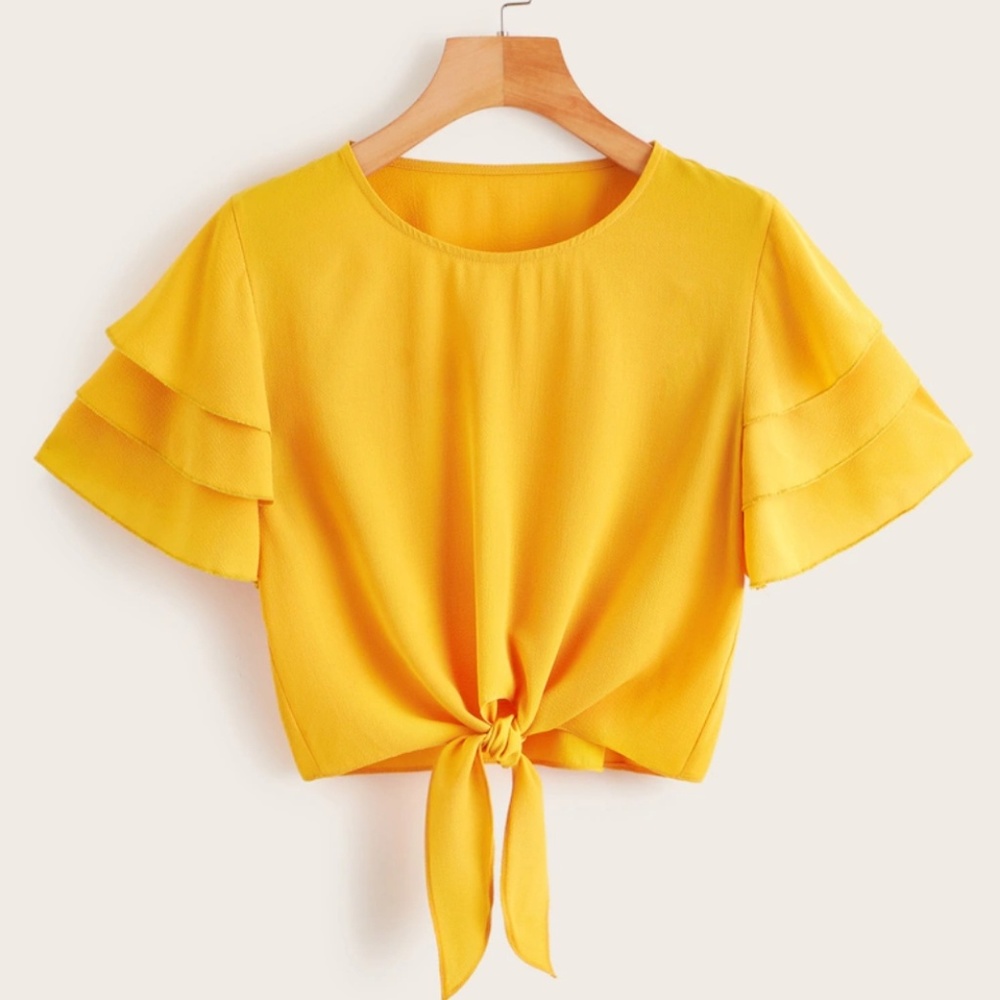 NWT Layered Sleeve Blouse with Knot Hem - Yellow